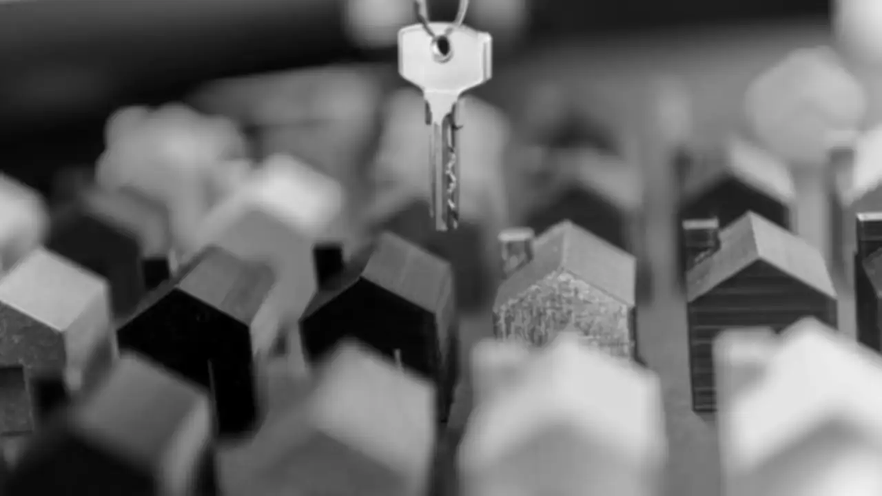 A hand holding a key above miniature houses