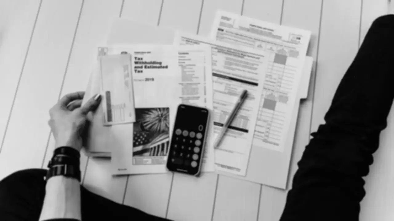 A person holding a sheet of paper next to a pen and a calculator