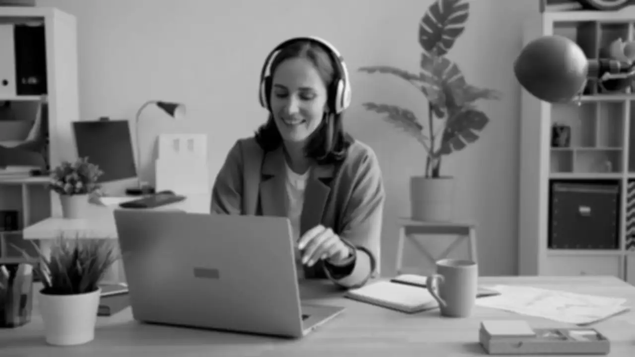 A woman in headphones working on a laptop