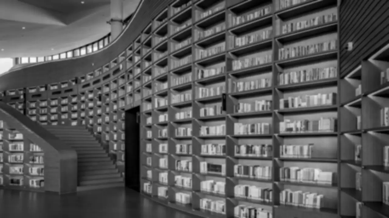 Curved wooden bookshelves full of books in a library